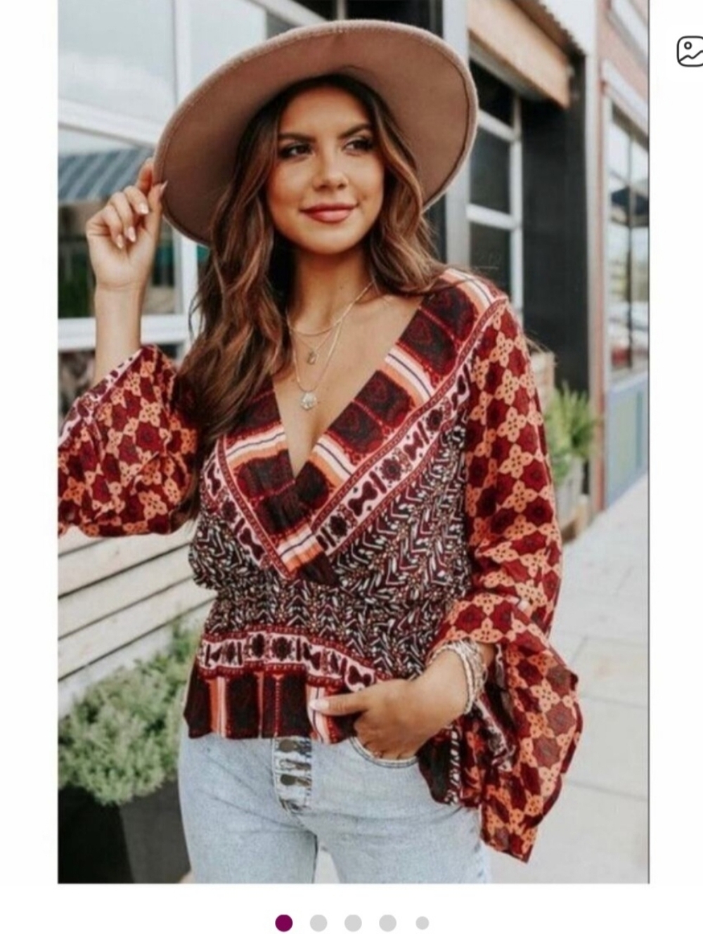 Free People Rosalie Boho Printed V-Neck Peasant Top in Rust